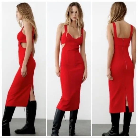 ZARA Blogger Favorite Red Cutout Strappy Bodycon Midi Dress XS NWT Valentines - Picture 5 of 16
